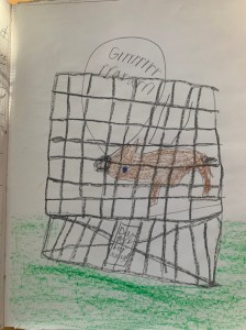 A below average child's drawing of a caged grizzly bear growling. A sign on the cage says Danger! Keep away!
