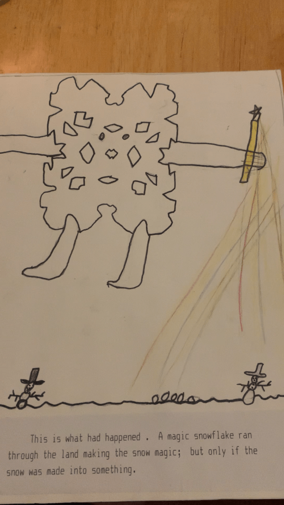 a child's drawing of a magic snowflake person with a golden wand flying through the sky showering magic on snow people and snowballs 