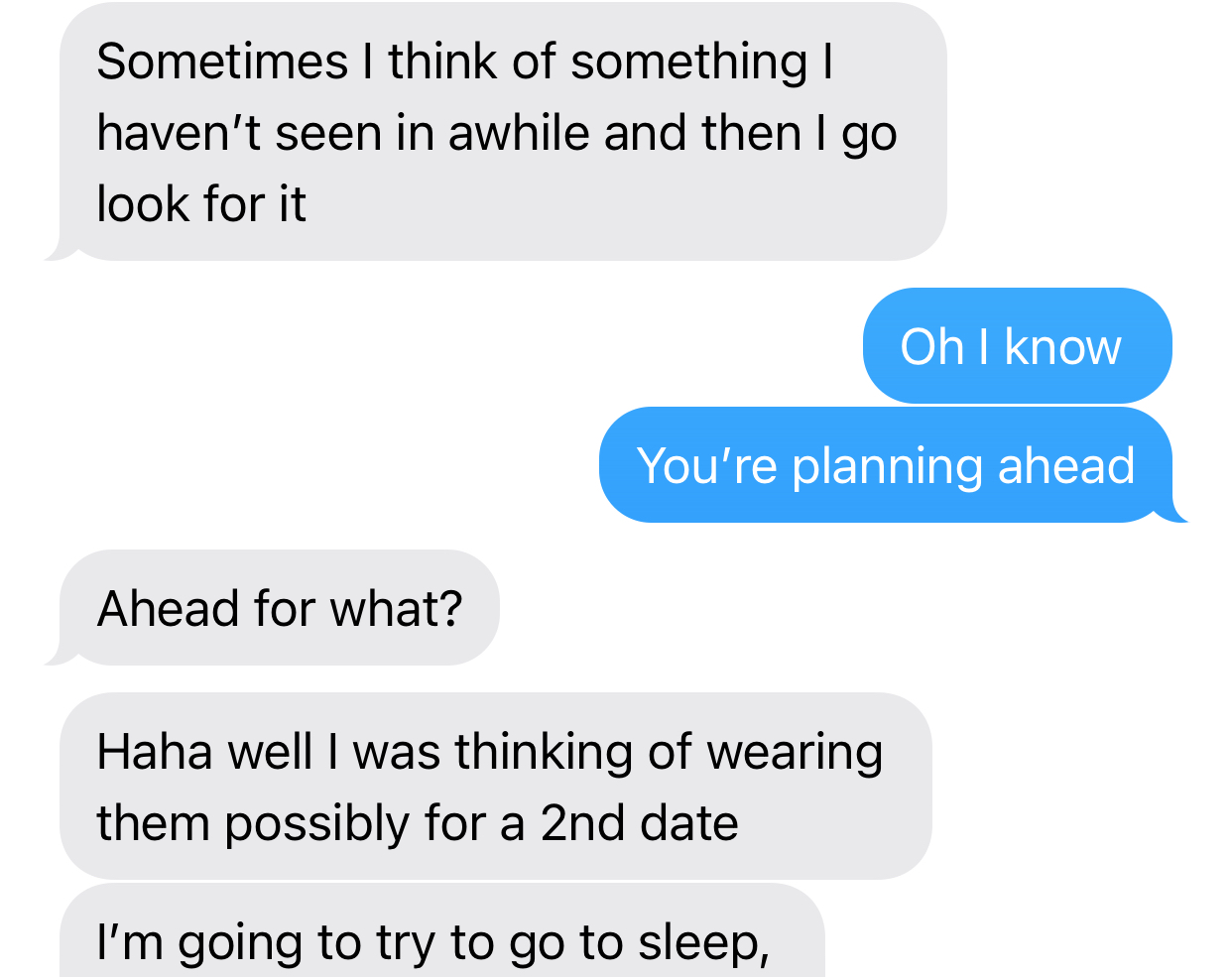 An image of a text conversation. The woman texting says Haha well I was thinking of wearing them possibly for a 2nd date