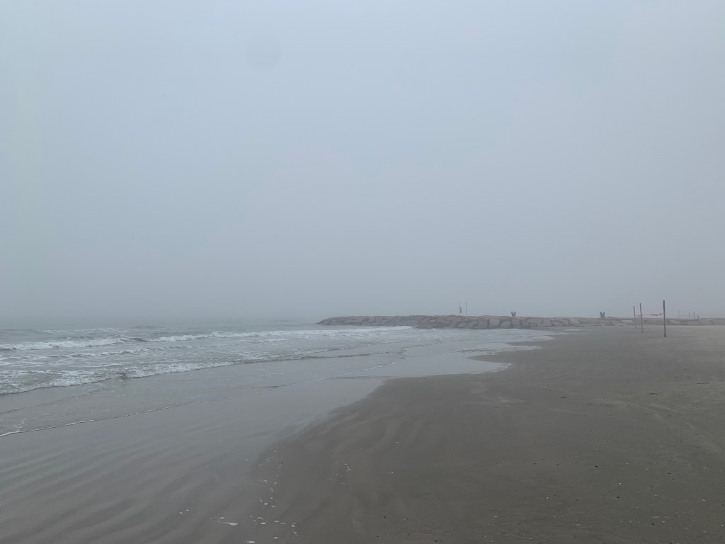 A bleak foggy grey beach that does indeed remind one of the surface of the moon but with water